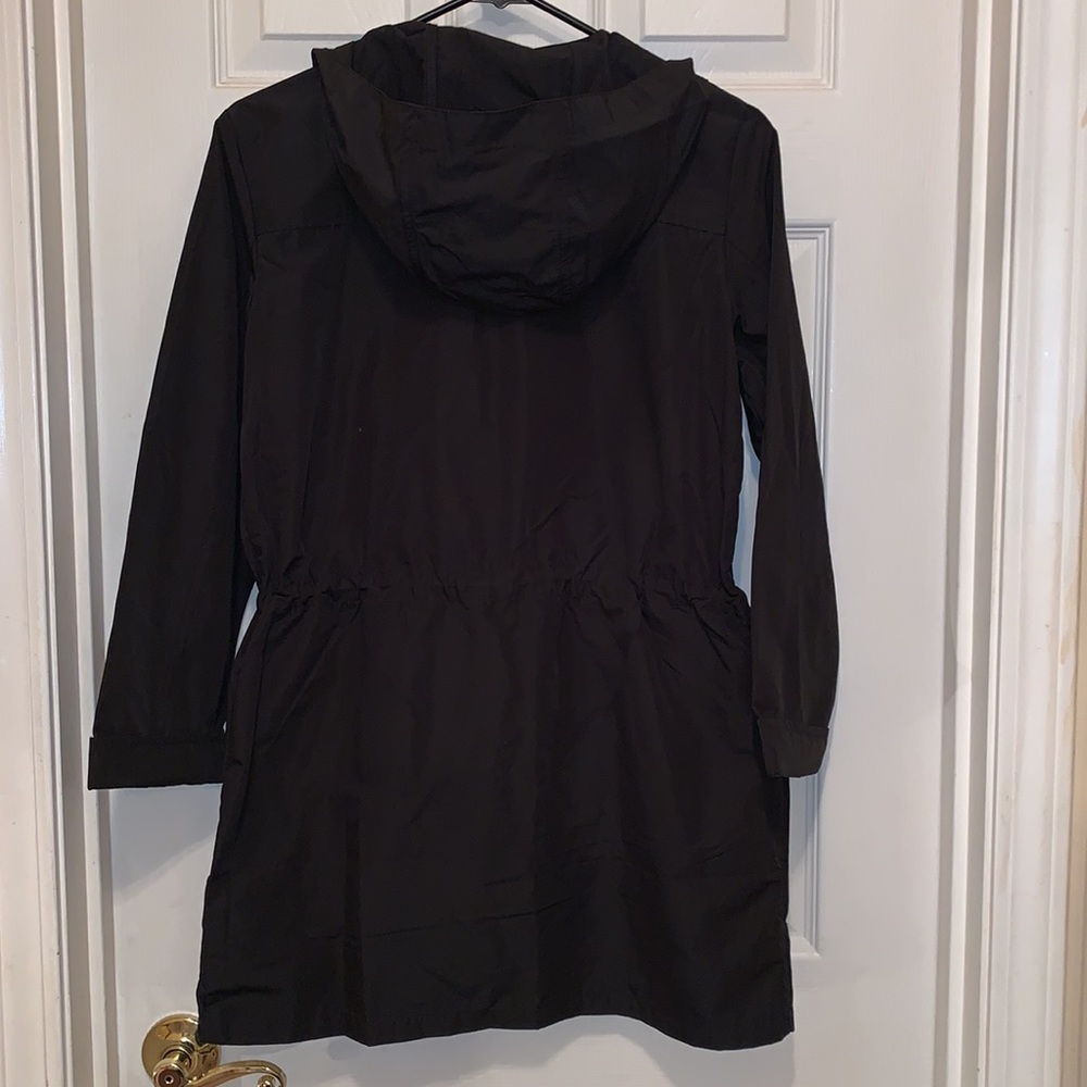 J. Crew Black Hooded Raincoat Drawstring Waist. Zip Snap Front Pockets. NWT - Picture 8 of 11